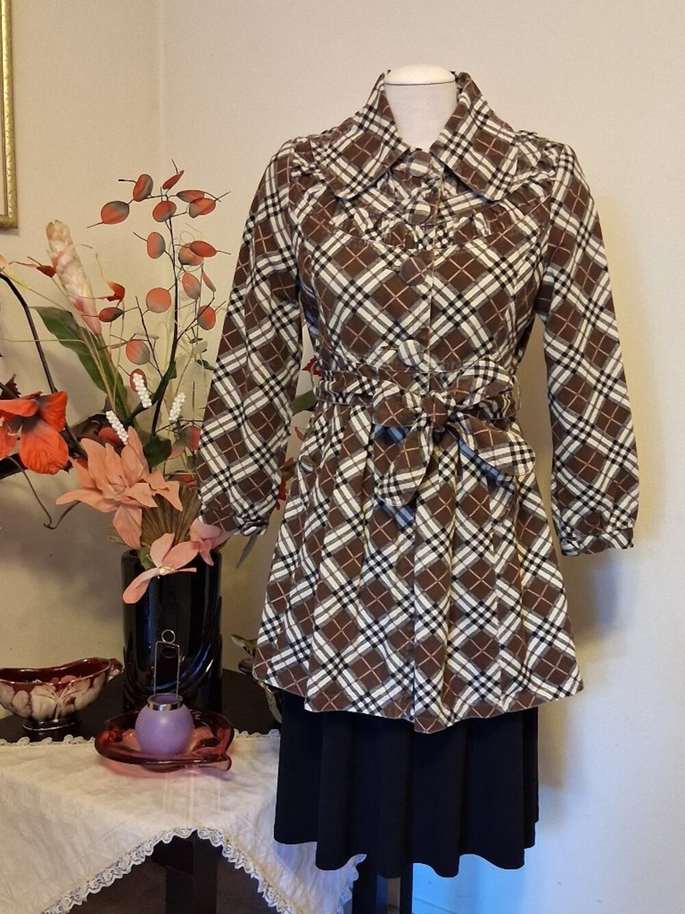 Tailored Pleated Lined Trench Coat Spring Autumn Winter Printed Belted Outerwear